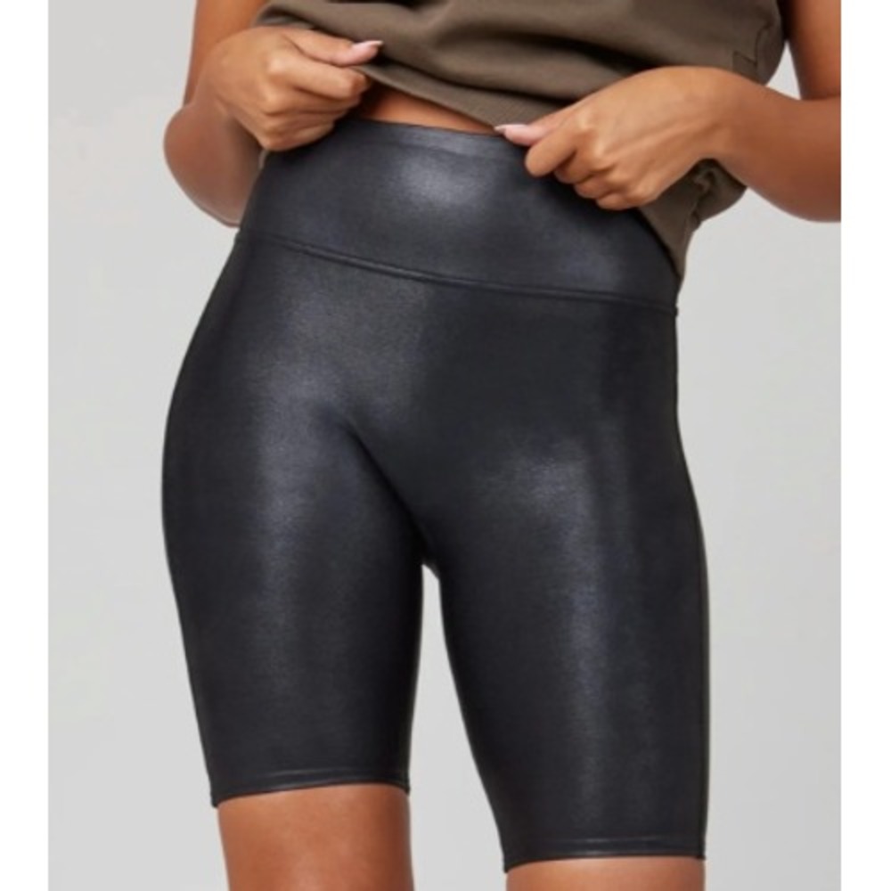 SPANX Faux Leather High Waist Bike Shorts Black Metallic Shine‎ M